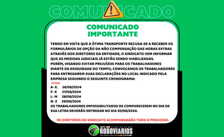  Comunicado importante para os trabalhadores da OT TRANS.